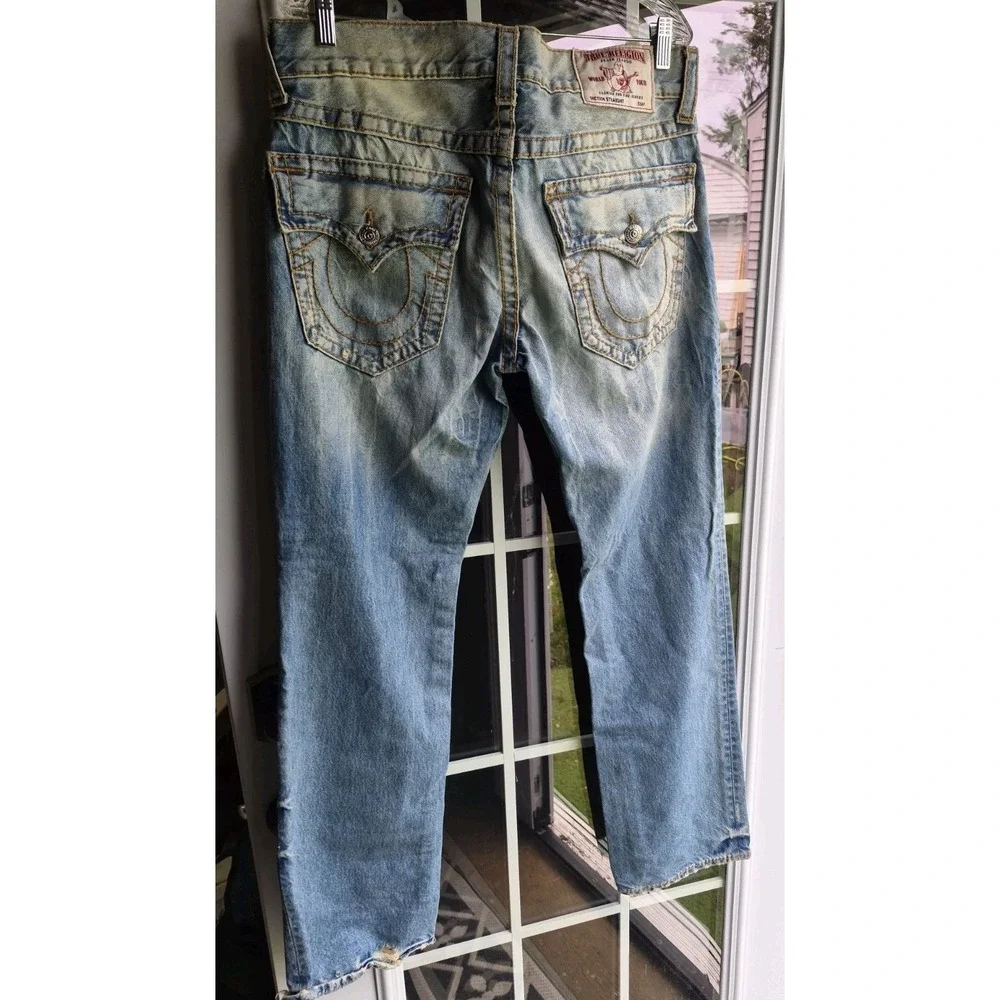 True Religion Straight Flap‎ Big T Jean Distress Destroyed Boho 33 Y2K